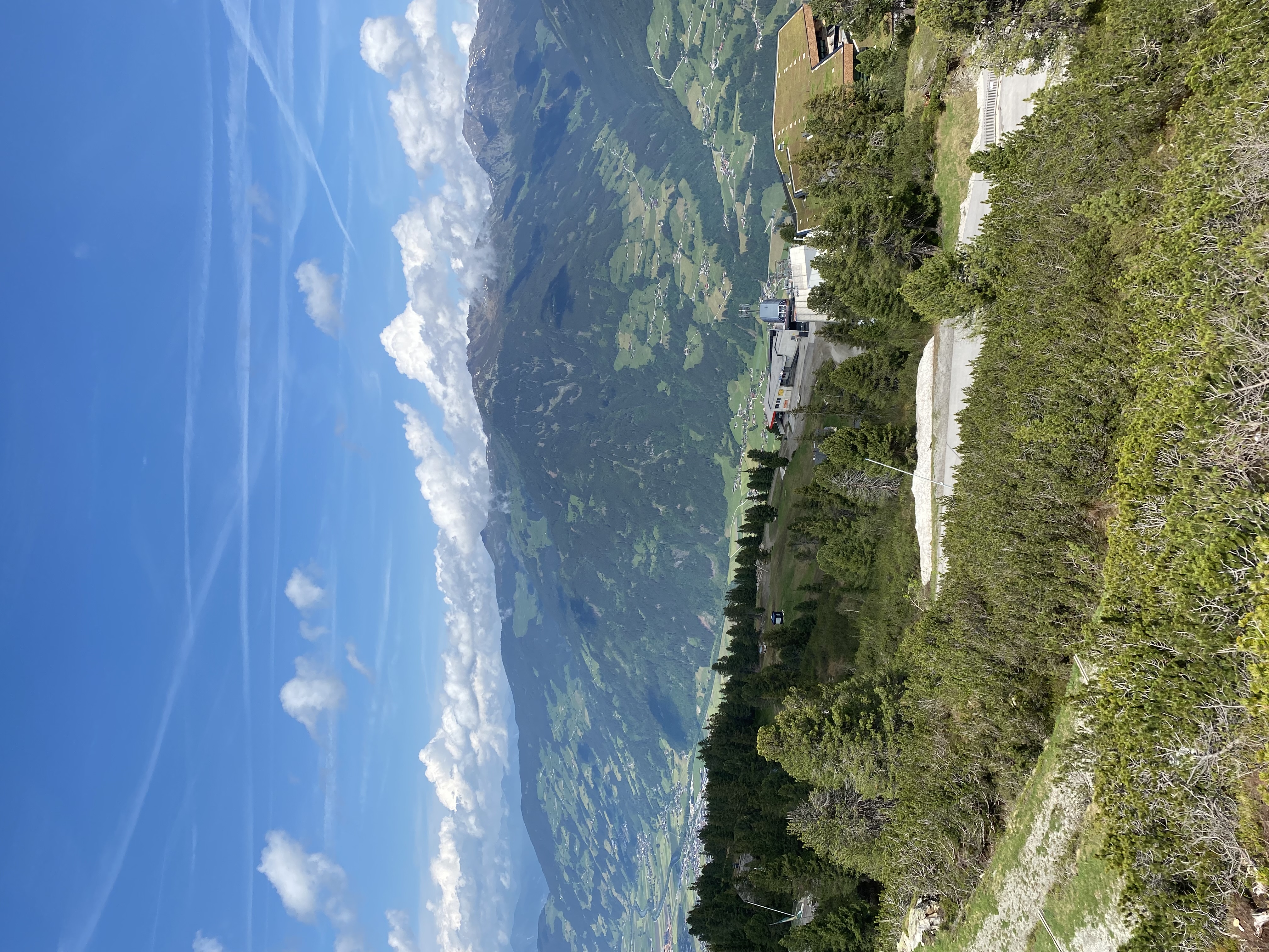 Südseite der Hütte im Sommer mit Holzstapel und Balkon